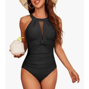 I2CRAZY Halter One Piece Swimsuit Tummy‎ Control Ruched Bathing Suit Black L